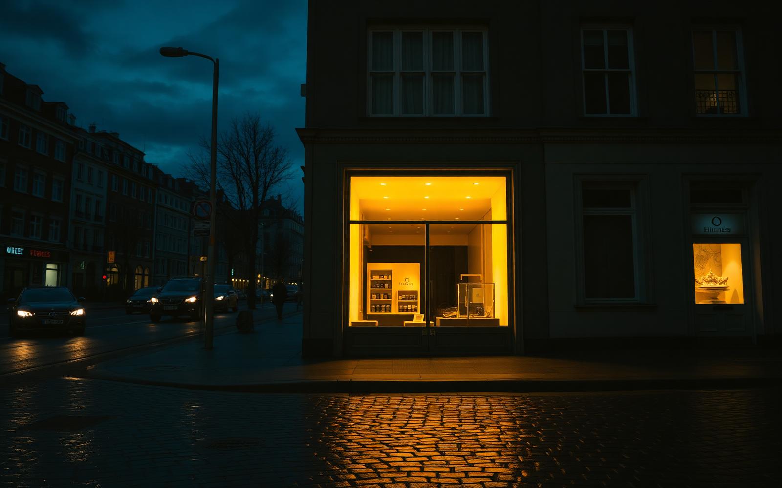 An illuminated luxury storefront at dusk on a quiet street