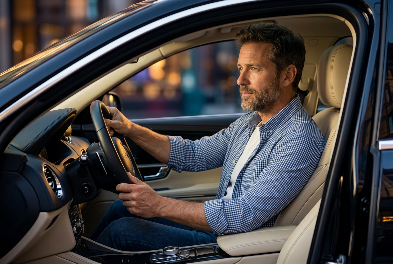 A business owner in the driver's seat of a black car with cream leather, looking ahead