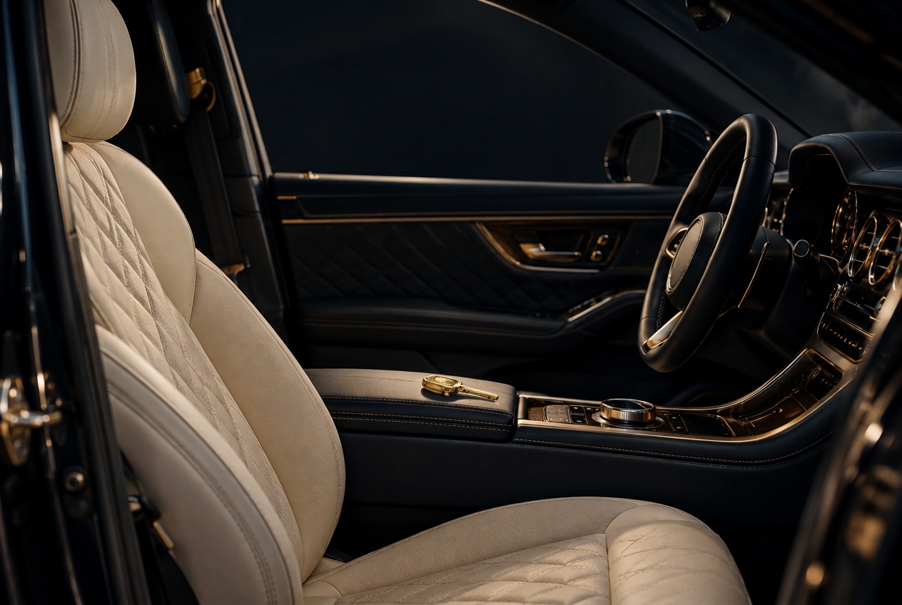 An open car door revealing a cream quilted leather driver's seat and a gold key on the armrest